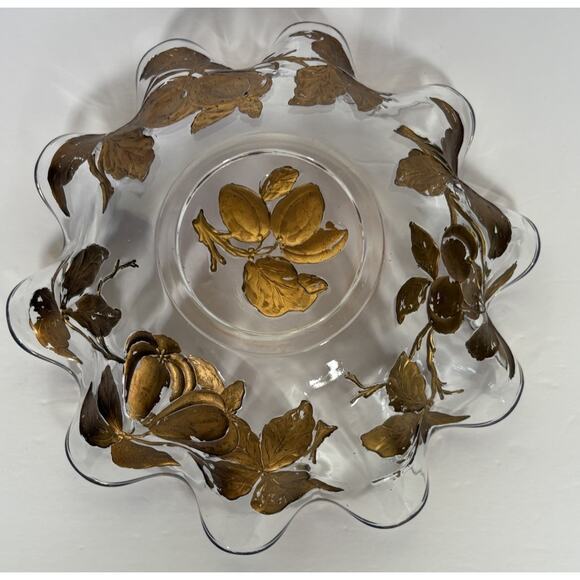 Vintage Glass Intaglio Fruit Bowl Goofus Glass Ruffled Gold Rim Red Fruit - Picture 9 of 14